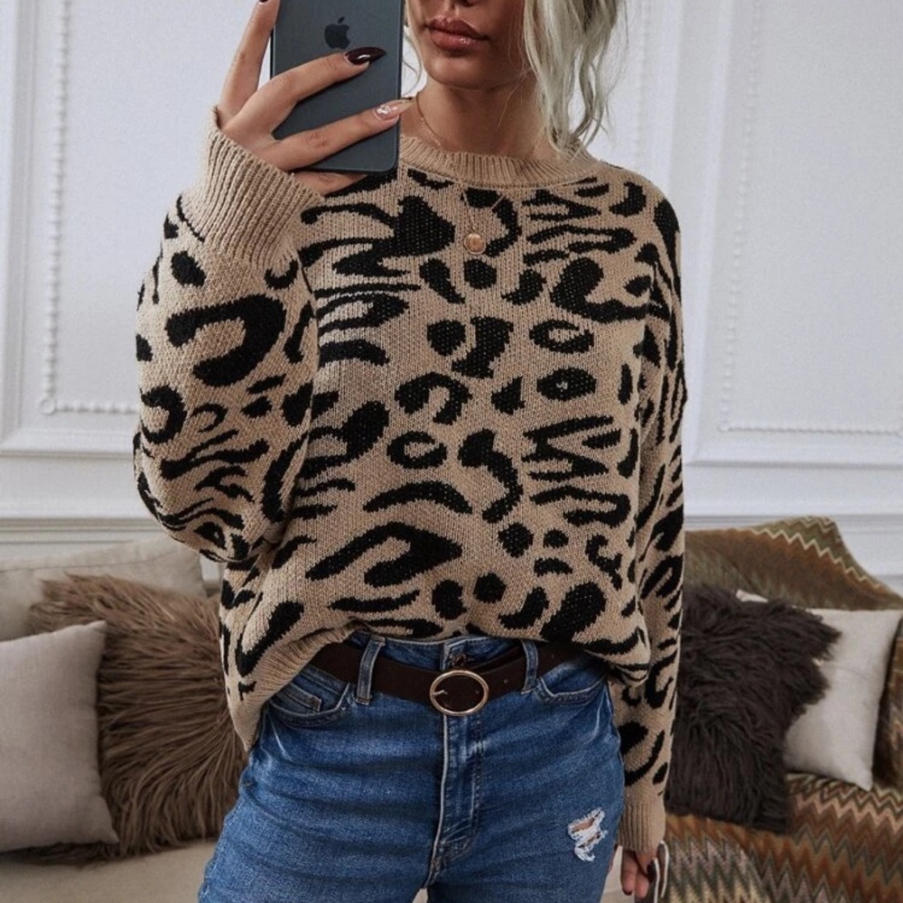 Leopard print soft knit sweater oversized cream - Picture 3 of 5